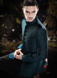 Тёмно-бирюзовый модный льняной мужской френч (воротник - стойка) + брюки галифе