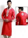 Красно-молочный мужской индийский национальный костюм из льна, украшенный вышивкой люрексом