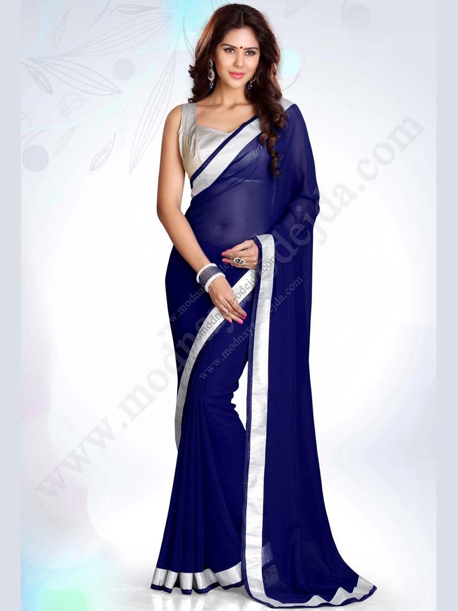 Azul de Cielo pesado resham zari frontera Sari Bollywood Indio Chinon Sari desgaste del partido 