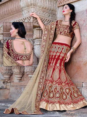 Цвета кардинал шёлковый индийский женский свадебный костюм — лехенга (ленга) чоли, украшенный вышивкой люрексом с бусинками, кружевами, кристаллами