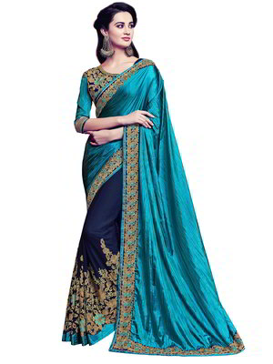 Сине-зелёное и лиловое индийское сари из шёлка и из креп-жоржета
