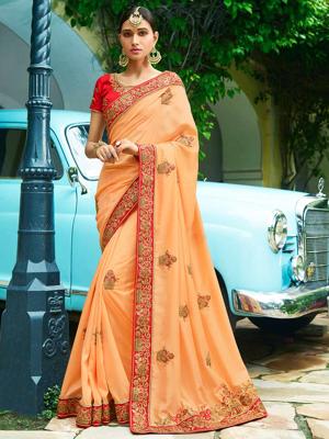Оранжевое индийское сари из шёлка, украшенное вышивкой люрексом