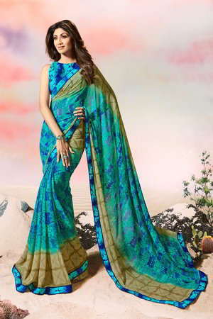 Синее индийское сари из креп-жоржета