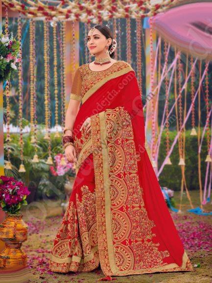 Red bridal Indian sari embellished with beaded embroidery