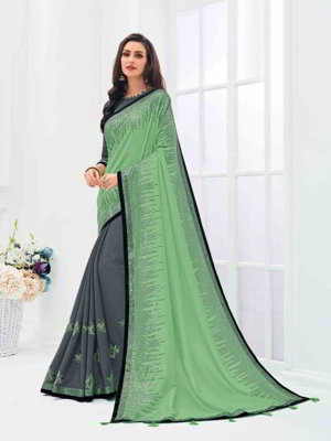 Зелёное и серое шифоновое и шёлковое индийское сари, украшенное вышивкой со стразами