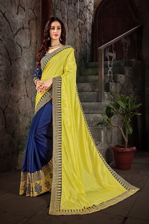 Жёлтое и синее шёлковое индийское сари, украшенное вышивкой