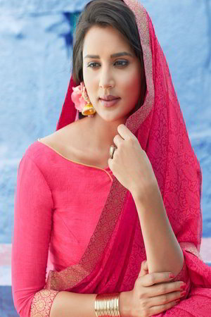 Розовое и цвета фуксии шифоновое индийское сари