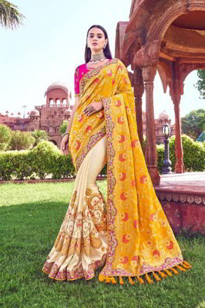 Двухцветное индийское сари из шёлка, украшенное вышивкой с люрексом