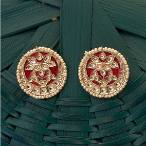 Бордовые и золотые индийские серьги из латуни с искусственными камнями