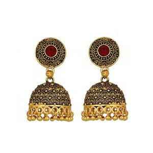 Позолоченные индийские серьги-колокольчики с красными стразами и золотистыми бусинками