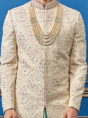 Цвета морской волны и бежевый шёлковый индийский свадебный мужской костюм