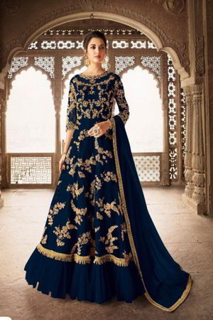 Тёмно-синее длинное платье / анаркали / костюм из фатина, украшенное вышивкой