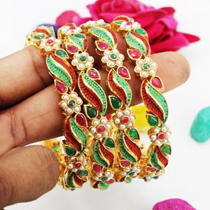 Позолоченные индийские браслеты, цветная эмаль, бусинки, стразы