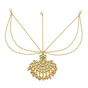 Молочное и золотое латунное индийское украшение на голову (манг-тика) с перламутровыми бусинками