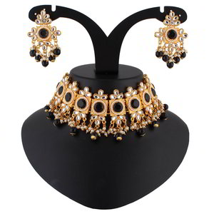 Чёрное, золотое и серое индийское украшение на шею со стразами, искусственными камнями