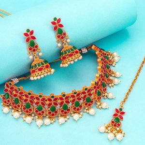 Разноцветное и золотое индийское украшение на шею с искусственными камнями, перламутровыми бусинками