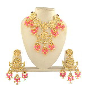 Золотое и розовое латунное индийское украшение на шею с искусственными камнями, бисером, перламутровыми бусинками