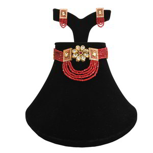 Бордовое, золотое и красное индийское украшение на шею с искусственными камнями, бисером