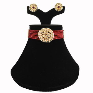 Бордовое, золотое и красное индийское украшение на шею с искусственными камнями, бисером