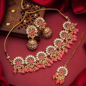 Золотое и розовое индийское украшение на шею с искусственными камнями