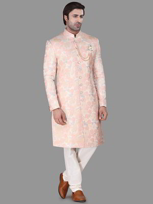 Персиковый шёлковый индийский мужской костюм
