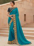 *Аквамариновое и синее атласное шёлковое интересное оригинальное красивое современное индийское сари