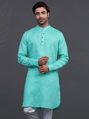 Аквамариновый льняной индийский мужской костюм