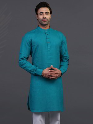 Зелёный льняной индийский мужской костюм