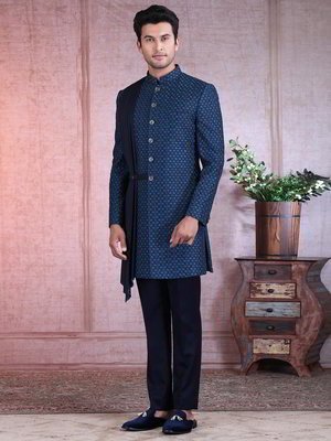 Тёмно-синий шёлковый индийский мужской костюм
