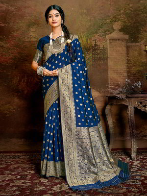 Синее шёлковое индийское сари