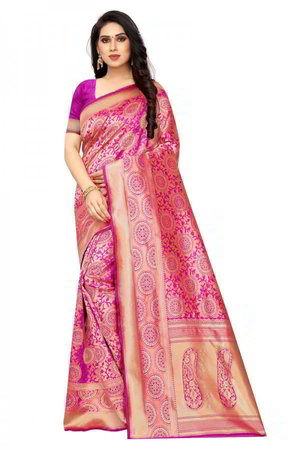 Розовое и цвета фуксии индийское сари из шёлка и жаккардовой ткани