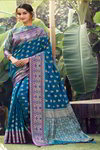 *Синее жаккардовое и шёлковое оригинальное красивое индийское сари