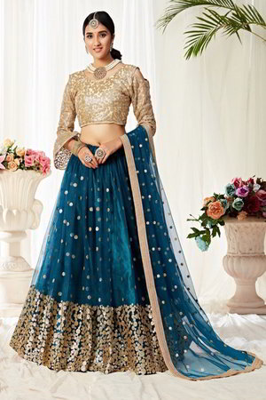 Аквамариновый и синий индийский женский свадебный костюм лехенга (ленга) чоли из фатина, украшенный вышивкой