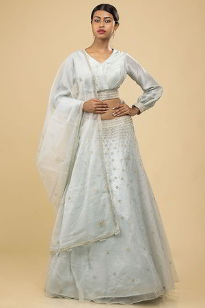 Синий индийский женский свадебный костюм лехенга (ленга) чоли из органзы и атласа с длинными рукавами, украшенный вышивкой со стразами, перламутровыми бусинками