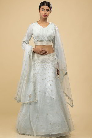 Синий индийский женский свадебный костюм лехенга (ленга) чоли из органзы и атласа с длинными рукавами, украшенный вышивкой со стразами, перламутровыми бусинками