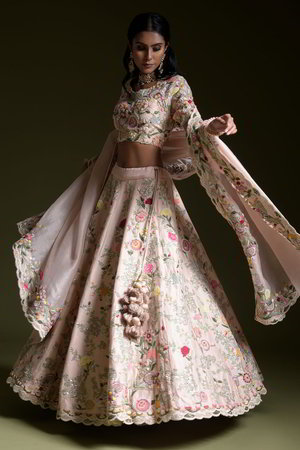 Розовый индийский женский свадебный костюм лехенга (ленга) чоли из натурального шёлка-сырца и шёлка, украшенный вышивкой