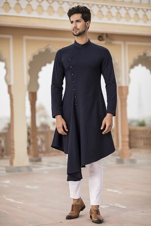 Тёмно-синий хлопковый индийский национальный мужской костюм