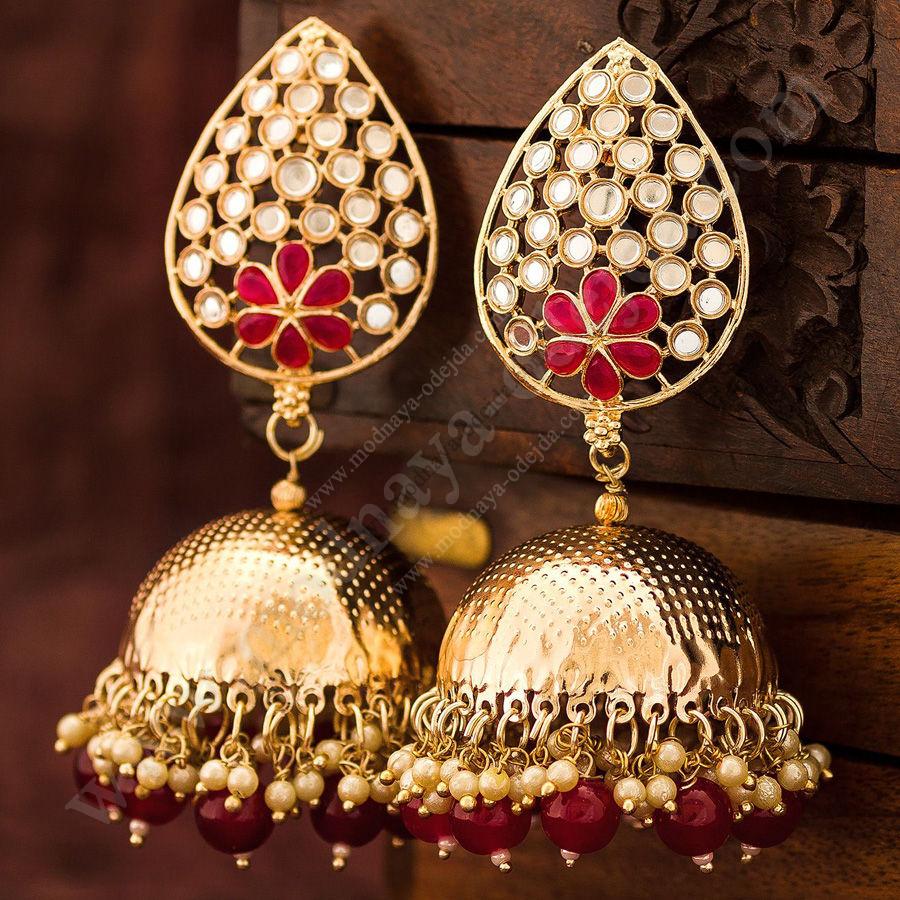 Бордовые, золотые и красные индийские серьги с искусственными камнями - индийские серьги Сим фото