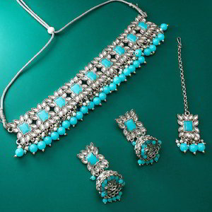 Серебристое и синее индийское украшение на шею с искусственными камнями, перламутровыми бусинками
