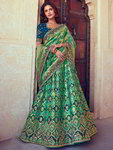 *Зелёный шёлковый индийский женский свадебный костюм лехенга (ленга) чоли, украшенный вышивкой люрексом с бисером, пайетками