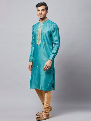 Сине-зелёный и синий хлопко-шёлковый индийский национальный мужской костюм с кусочками зеркалец