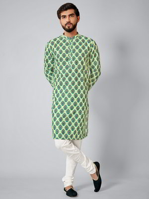 Зелёный хлопко-шёлковый индийский национальный мужской костюм