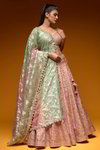 *Розовый индийский женский свадебный костюм лехенга (ленга) чоли из натурального шёлка, украшенный вышивкой