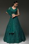 *Зелёный индийский женский свадебный костюм лехенга (ленга) чоли из шёлка-сырца и фатина без рукавов, украшенный вышивкой