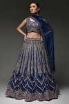 *Тёмно-синий и синий индийский женский свадебный костюм лехенга (ленга) чоли из фатина без рукавов, украшенный вышивкой