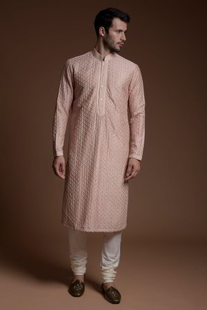 Розовый шёлковый индийский национальный мужской костюм