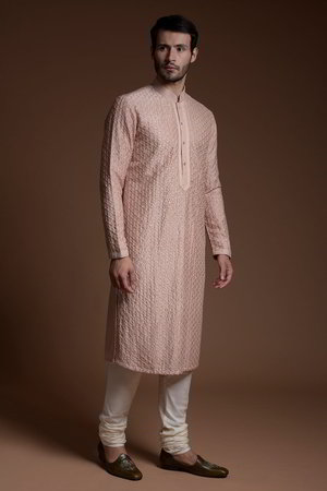 Розовый шёлковый индийский национальный мужской костюм