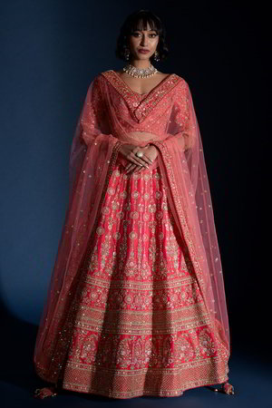 Розовый и красный индийский женский свадебный костюм лехенга (ленга) чоли из натурального шёлка-сырца и шёлка с рукавами ниже локтя, украшенный вышивкой