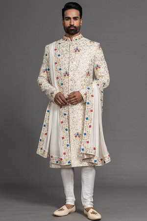 Персиковый шёлковый индийский свадебный мужской костюм / шервани, украшенный вышивкой