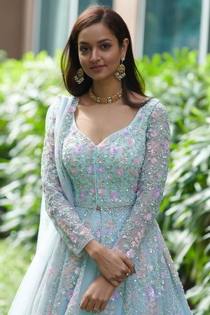 Синий индийский женский свадебный костюм лехенга (ленга) чоли из фатина с длинными рукавами, украшенный вышивкой